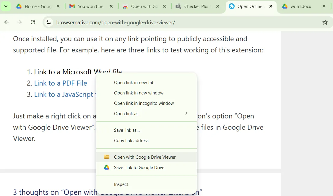 Tùy chọn 'Open with Google Drive Viewer' trên menu chuột phải của Chrome để xem nhanh tài liệu.