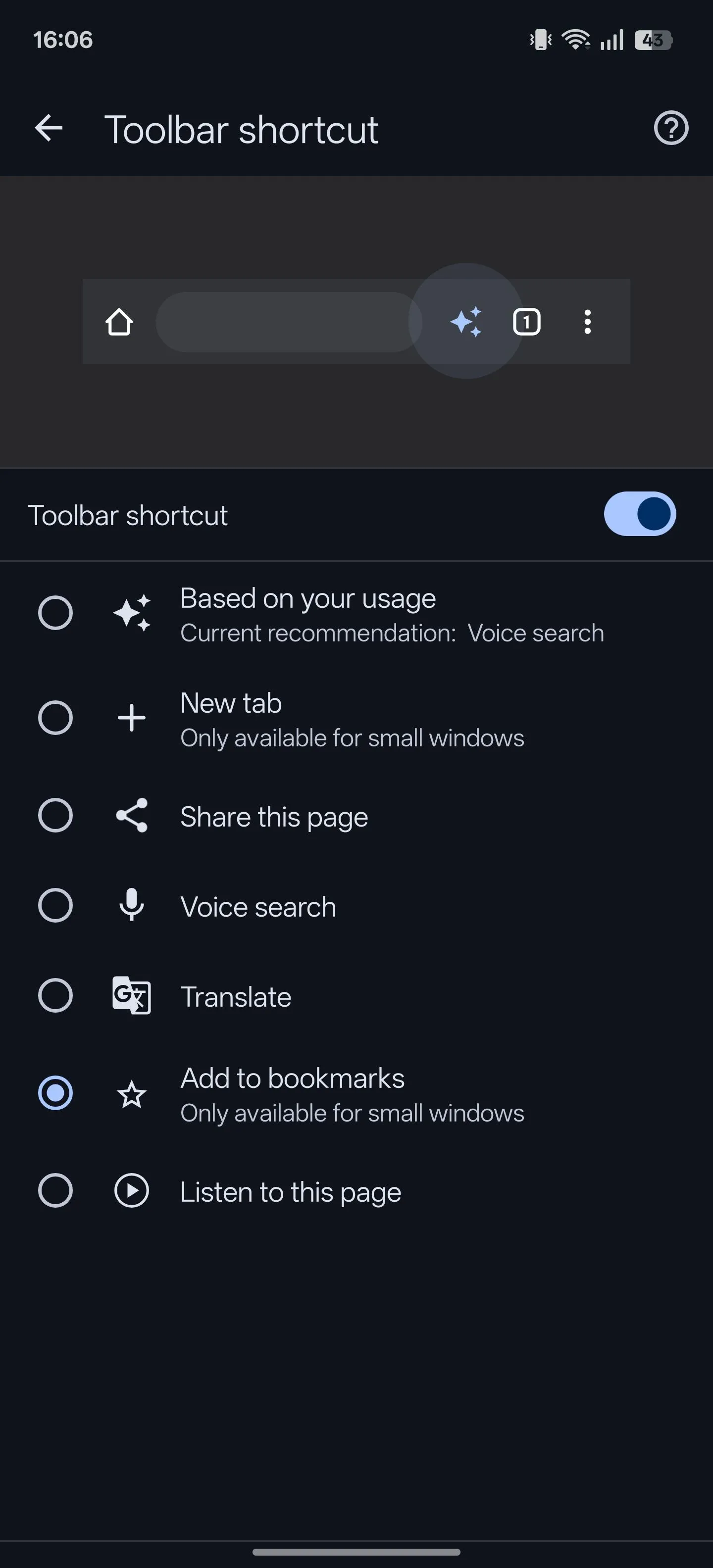 Tùy chọn phím tắt thanh công cụ &quot;Add to bookmarks&quot; được kích hoạt trong cài đặt Chrome Android.