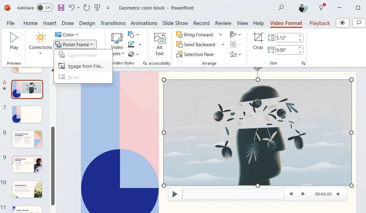 Tùy chọn Poster Frame trong tab Video Format của PowerPoint, cho phép thay đổi ảnh đại diện cho video.