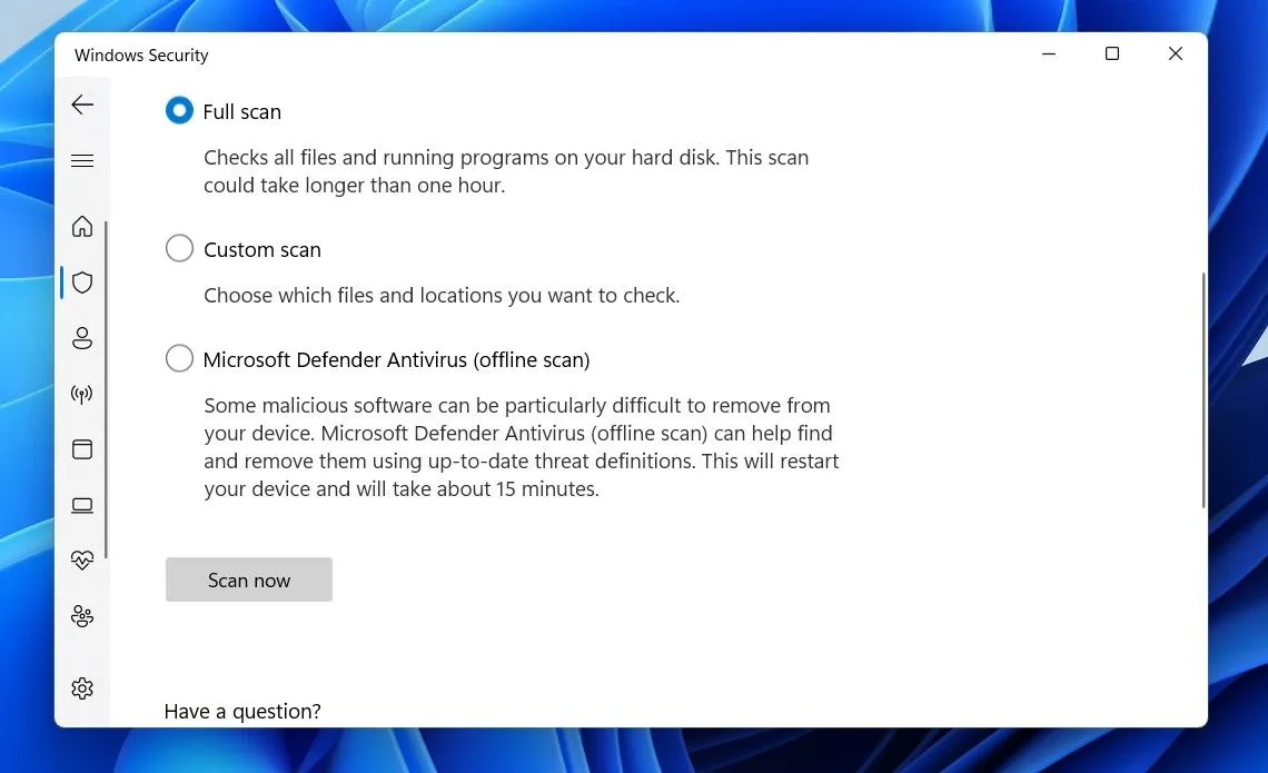 Tùy chọn Quét toàn bộ trong ứng dụng Windows Security, giúp phát hiện và loại bỏ phần mềm độc hại