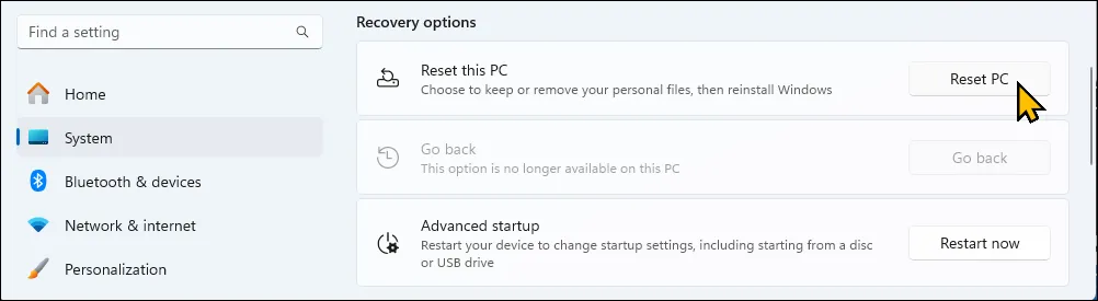 Tùy chọn Reset This PC trong ứng dụng Cài đặt trên Windows 11