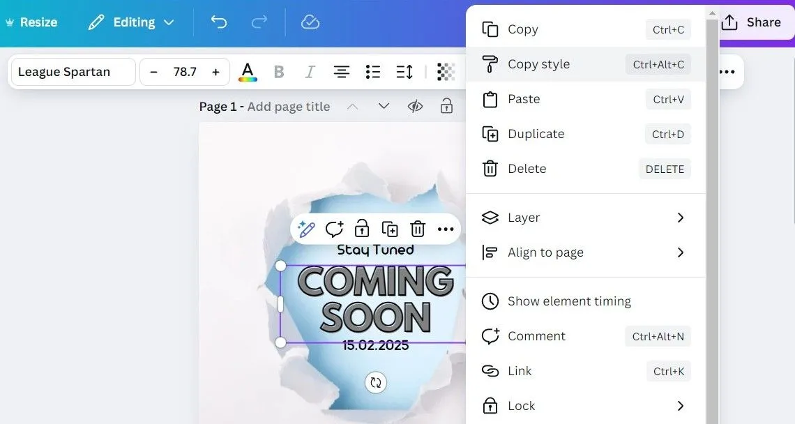 Tùy chọn Sao chép Kiểu dáng (Copy Style) trong ứng dụng Canva trên máy tính.