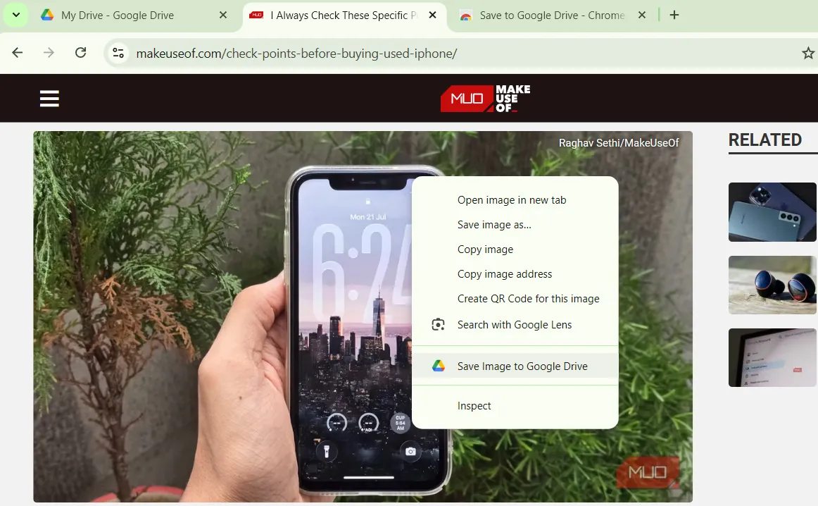 Tùy chọn 'Save [File] to Google Drive' trong menu chuột phải của Chrome giúp lưu nhanh nội dung trang web.