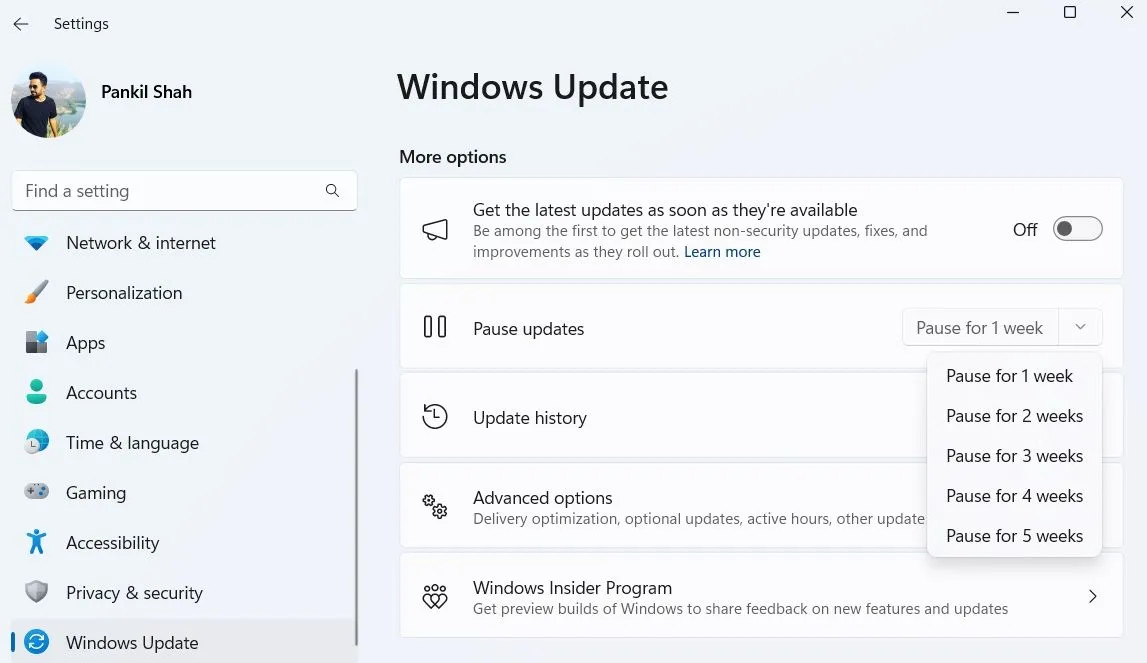 Tùy chọn tạm dừng cập nhật Windows trong ứng dụng Cài đặt, giúp người dùng tránh lỗi KB5051987