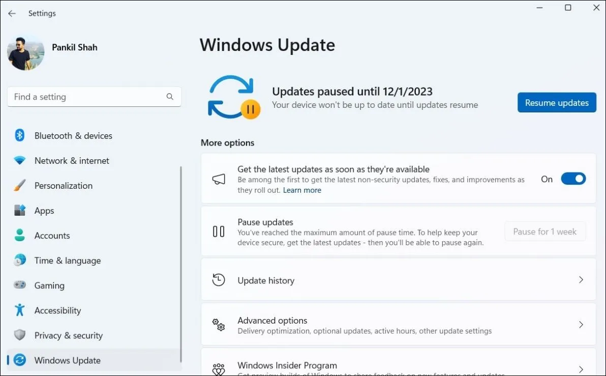 Tùy chọn tạm dừng và tiếp tục cập nhật trong Windows Update