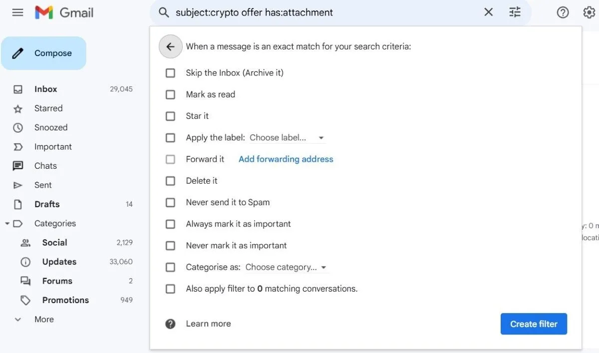 Tùy chọn tạo bộ lọc trong Gmail