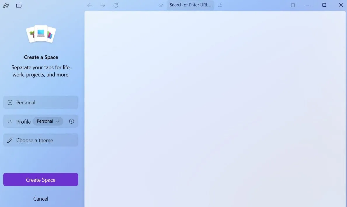 Tùy chọn tạo không gian làm việc mới (Space) trong Arc browser