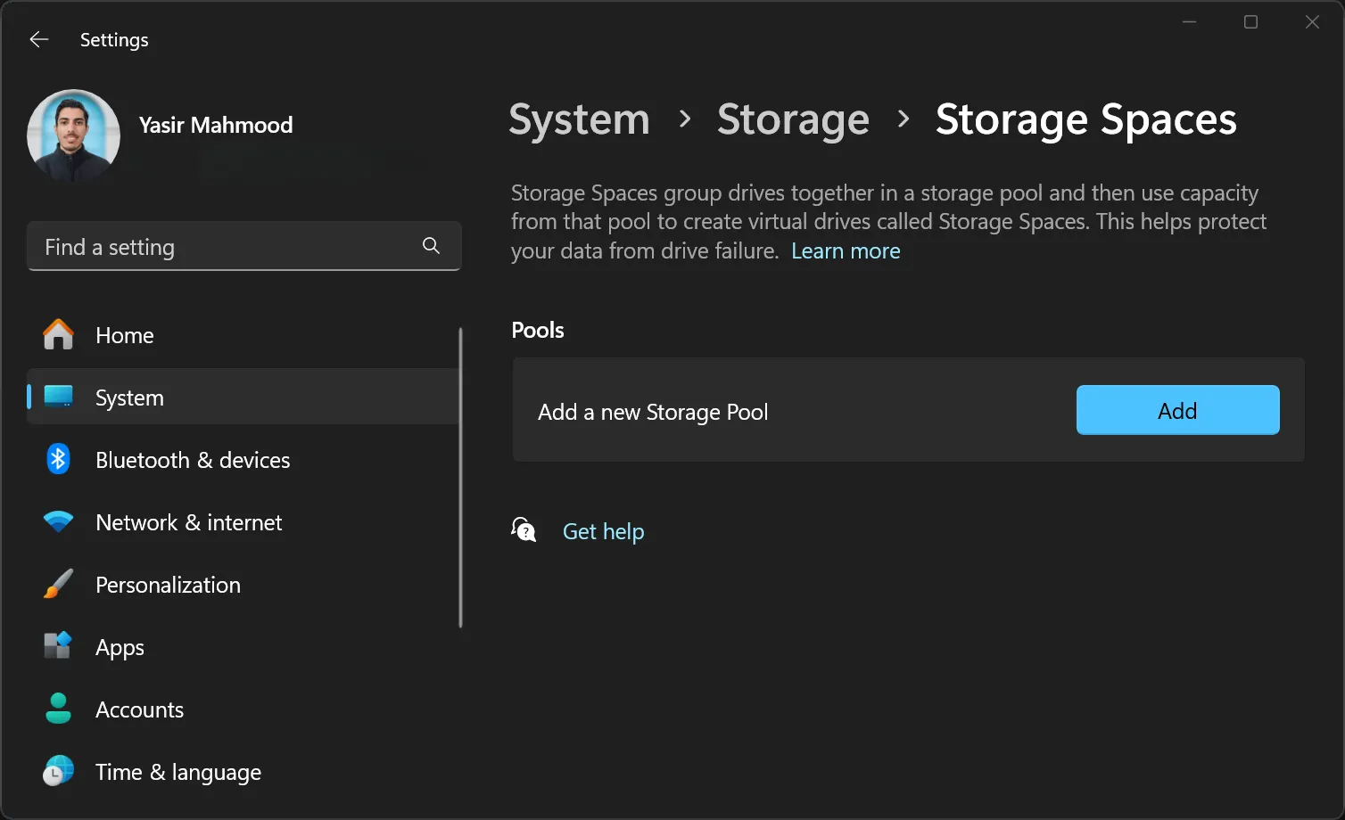 Tùy chọn tạo không gian lưu trữ mới trong Windows Storage Spaces.
