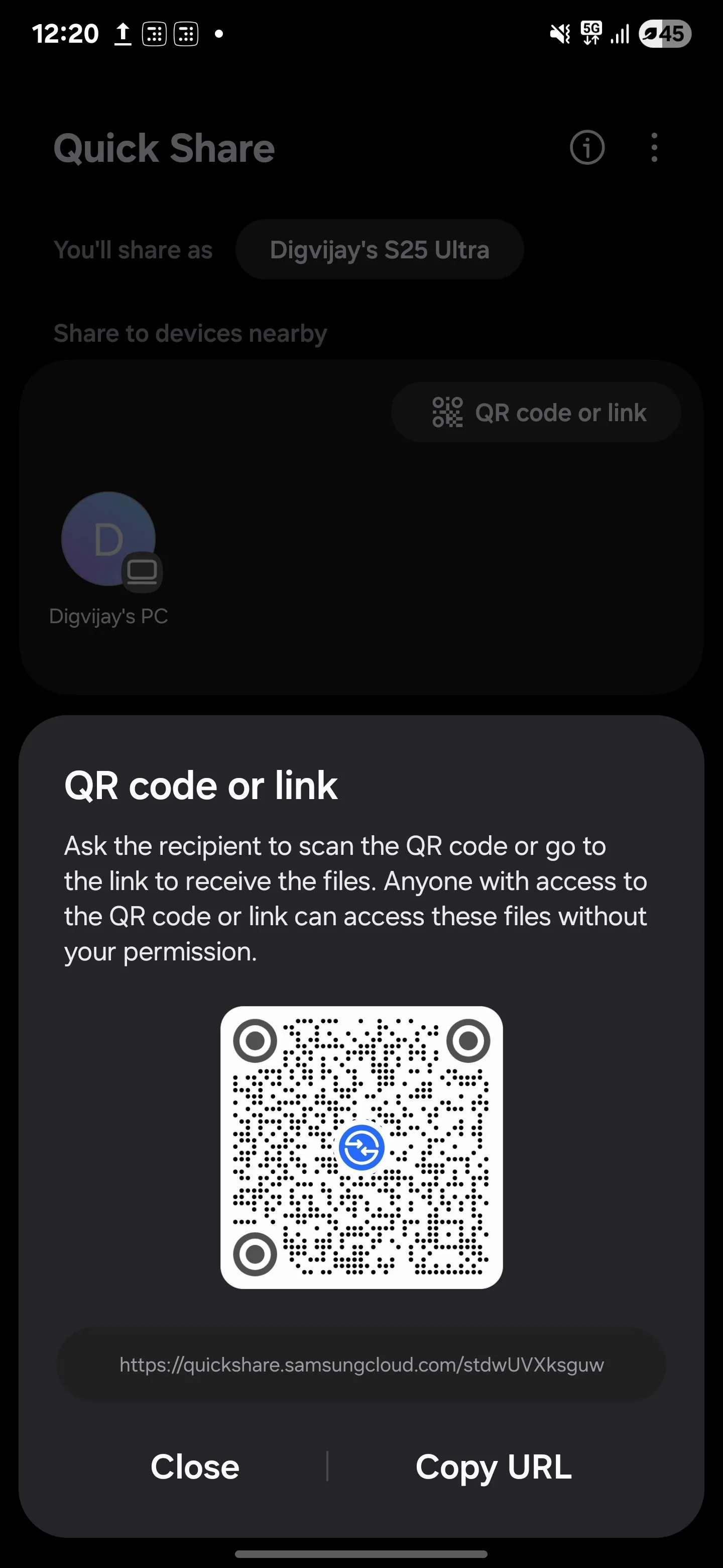 Tùy chọn tạo liên kết hoặc mã QR để chia sẻ tệp tin rộng rãi hơn thông qua Quick Share của Samsung