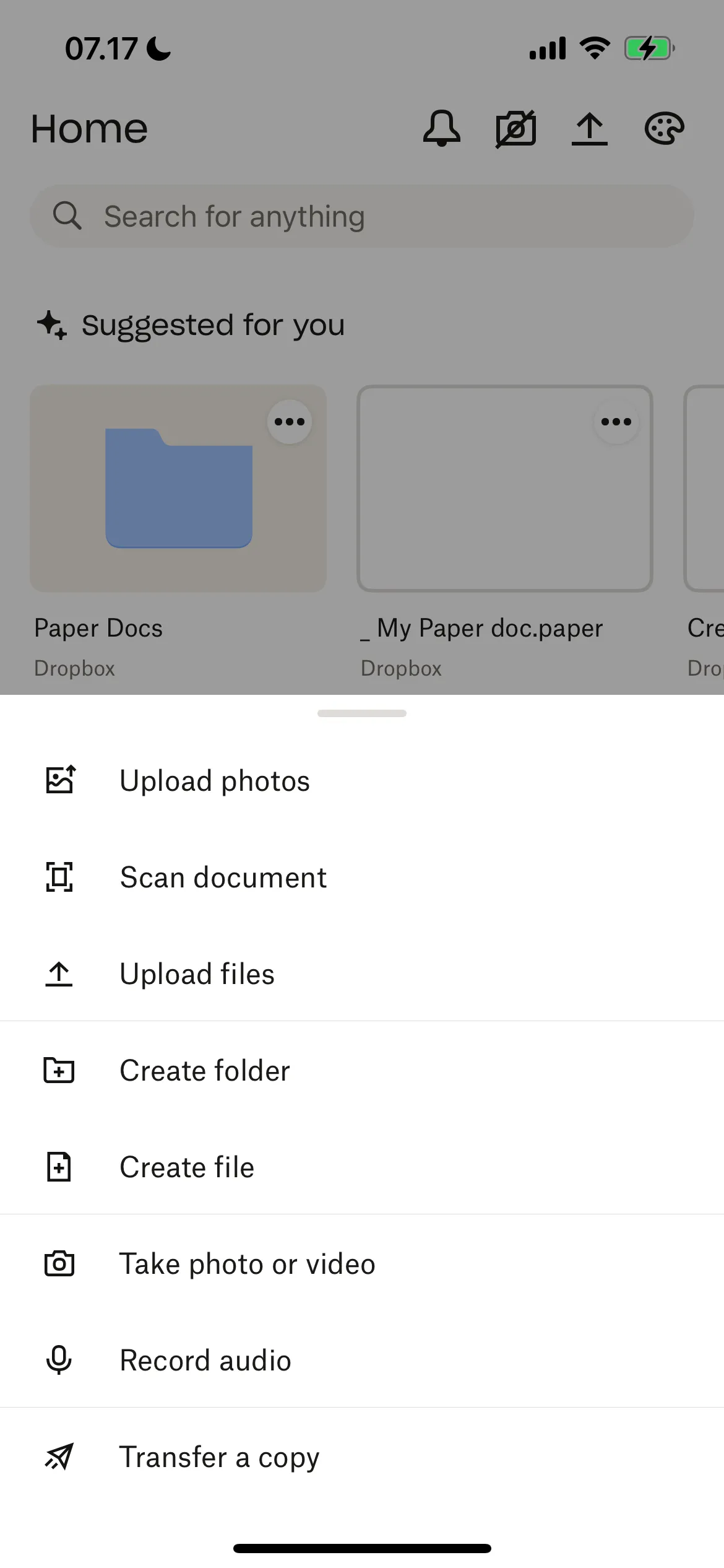 Tùy chọn tạo tệp hoặc tài liệu mới trong ứng dụng Dropbox, bao gồm Dropbox Paper