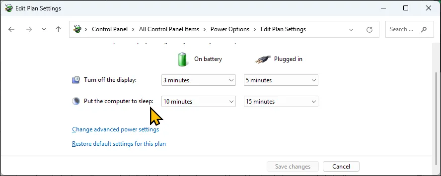 Tùy chọn thay đổi cài đặt nguồn nâng cao trong Control Panel Windows 11