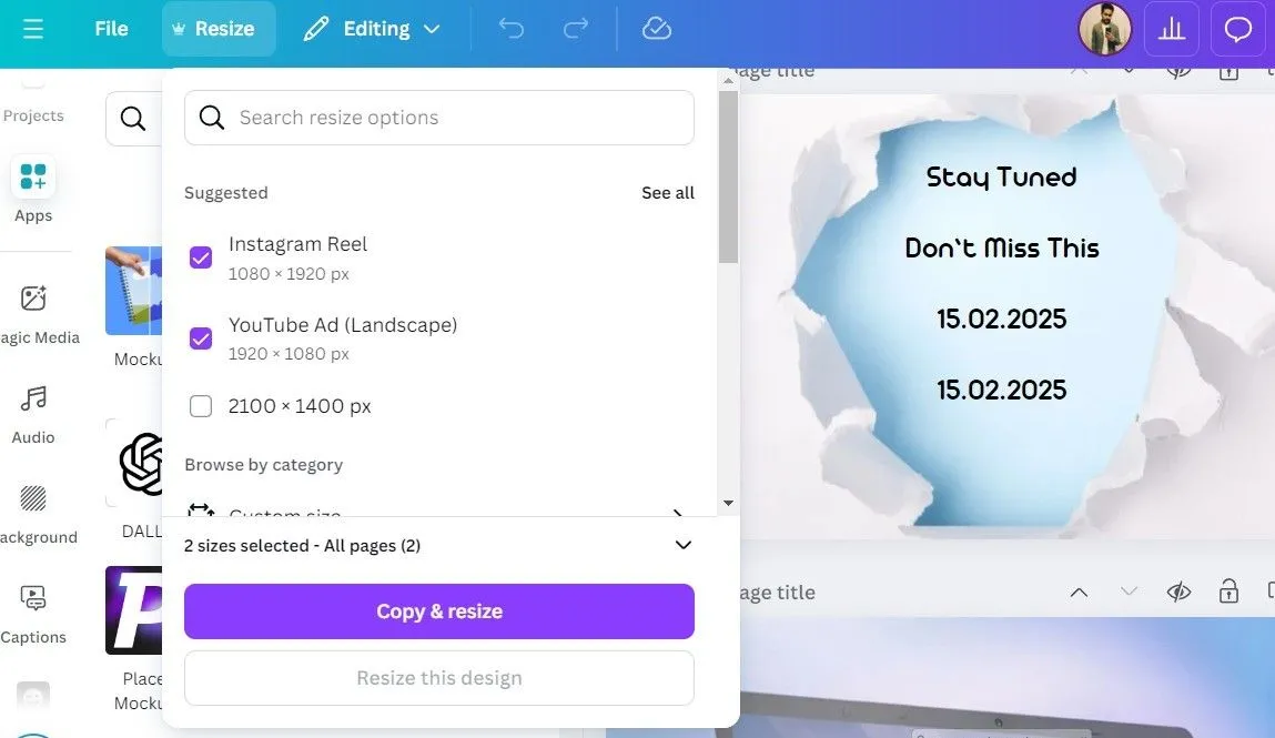 Tùy chọn Thay đổi kích thước thông minh (Magic Resize) trong ứng dụng Canva giúp tối ưu thiết kế.