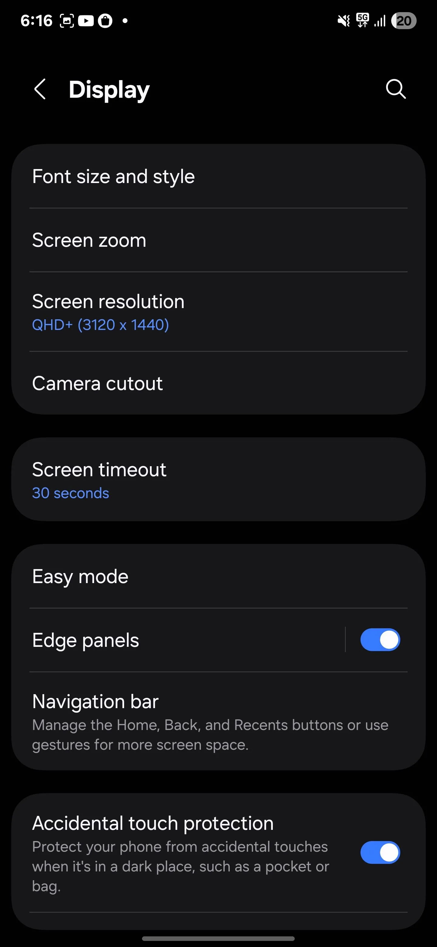 Tùy chọn Thời gian chờ màn hình trong Cài đặt hiển thị trên Samsung