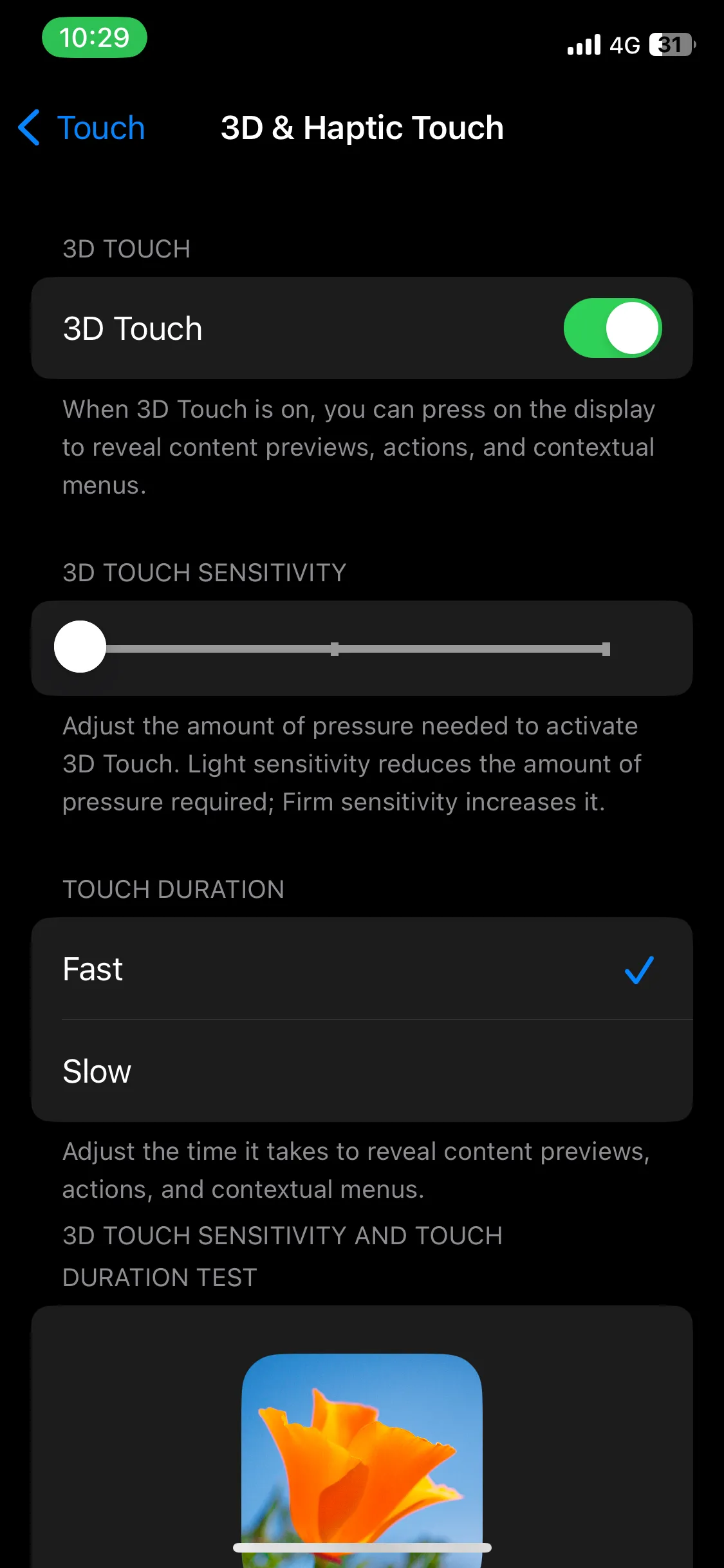 Tùy chọn Thời lượng Chạm (Touch Duration) trong cài đặt Cảm ứng trên iPhone