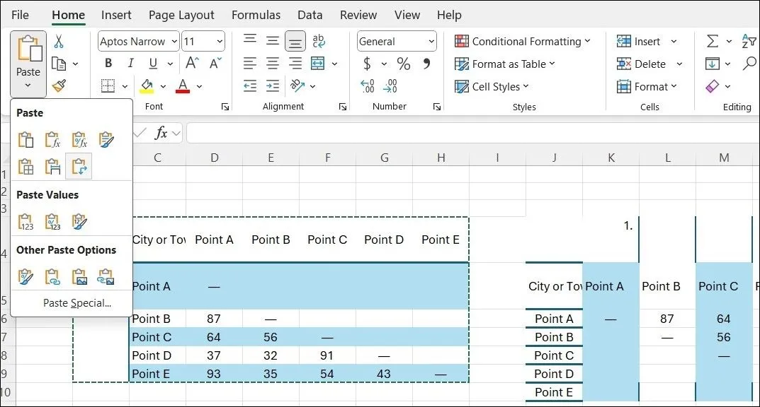 Tùy chọn Transpose trong Excel để đảo hàng và cột