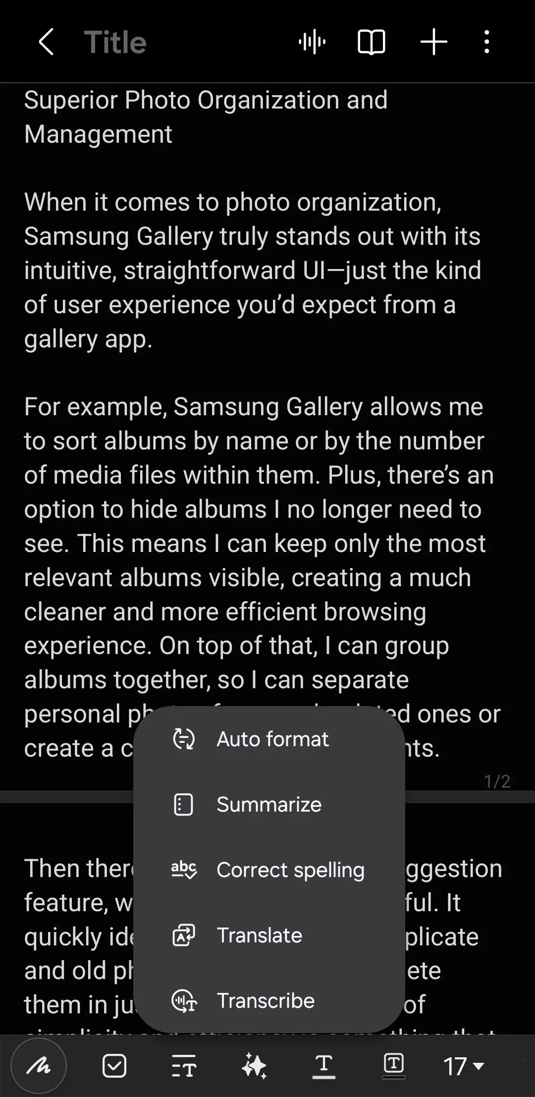 Tùy chọn tự động định dạng (Auto Format) trong ứng dụng Samsung Notes