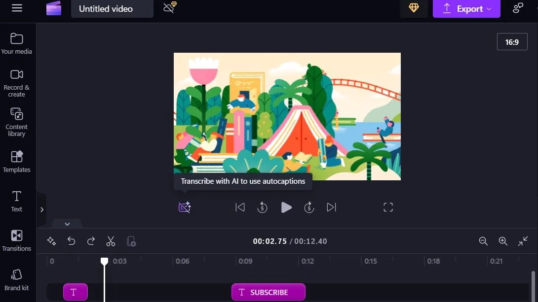 Tùy chọn tự động tạo phụ đề (Captions) trong giao diện chỉnh sửa của Clipchamp