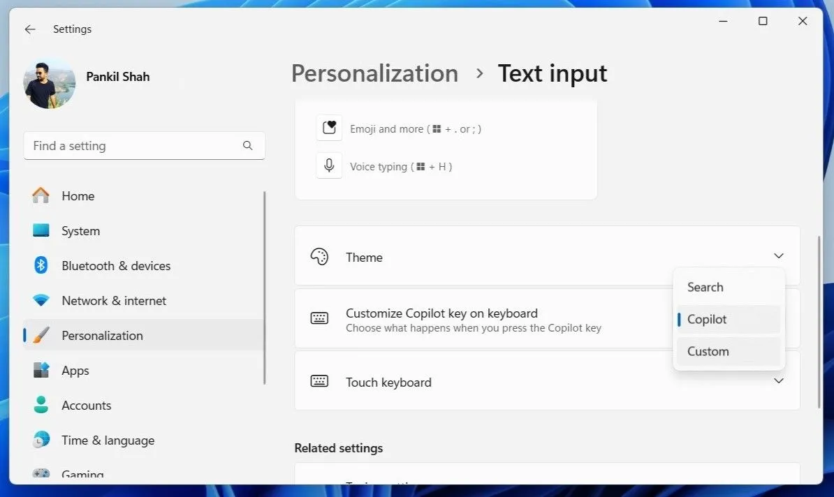 Tùy chọn tùy chỉnh phím Copilot trong cài đặt Windows 11