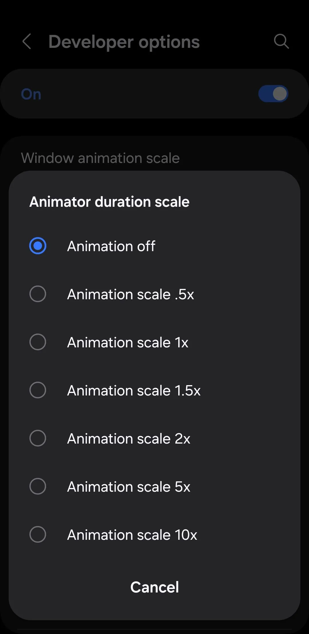 Tùy chọn Tỷ lệ thời lượng ảnh động (Animator animation scale) trong menu Tùy chọn nhà phát triển trên Android, cho phép điều chỉnh tốc độ hiệu ứng chuyển động.