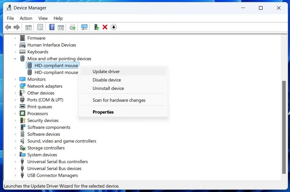 Tùy chọn 'Update driver' trong cửa sổ Device Manager, bước quan trọng để khắc phục lỗi chuột bằng cách cập nhật trình điều khiển.
