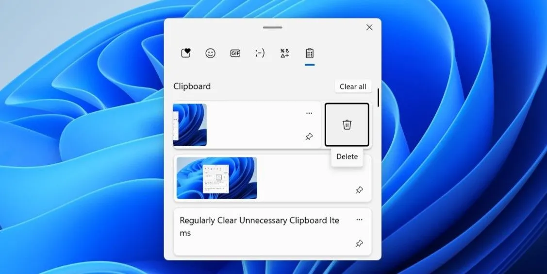 Tùy chọn xóa mục được đánh dấu trong ứng dụng Clipboard Windows