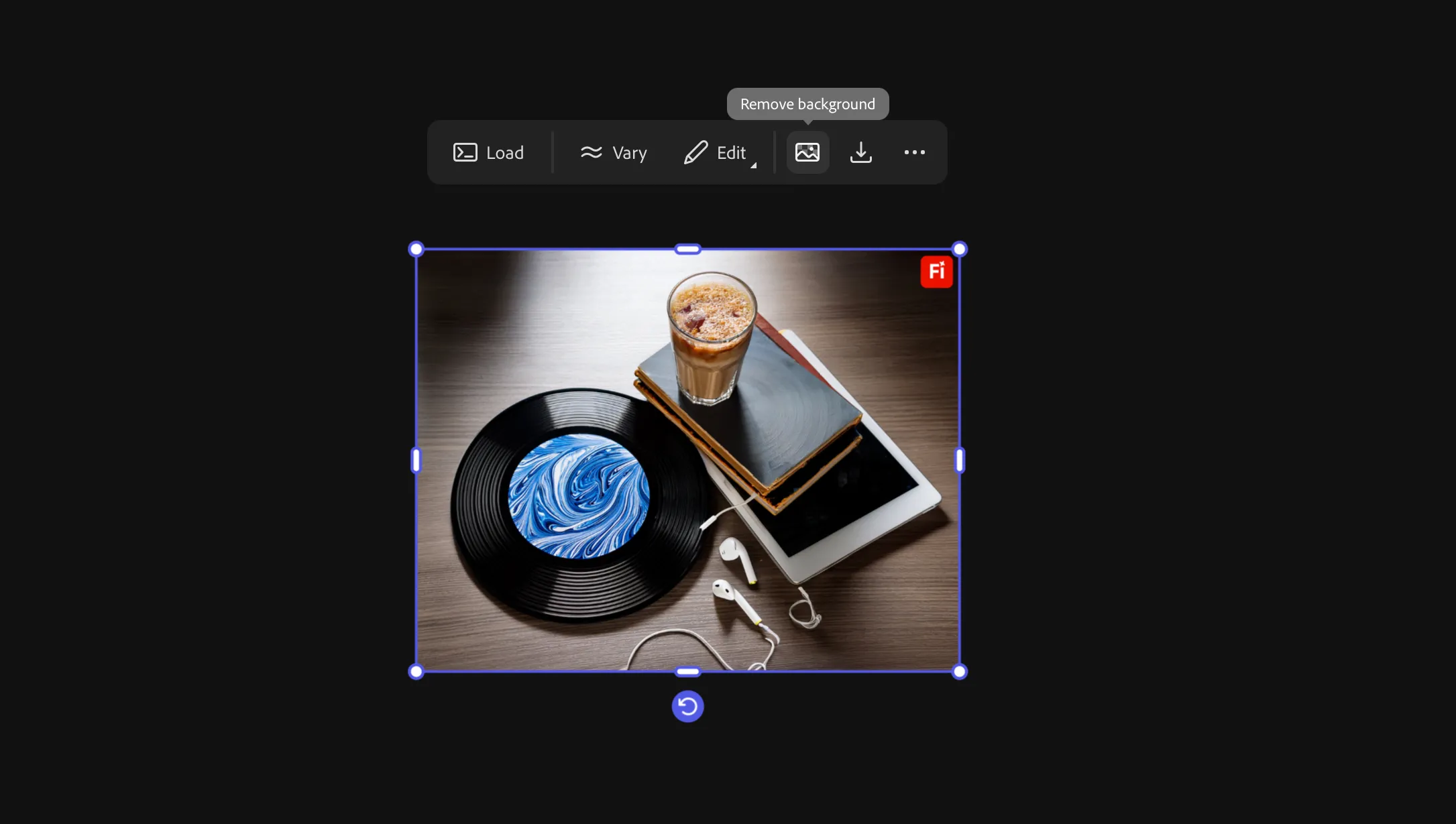 Tùy chọn xóa nền (Remove background) trong giao diện Adobe Firefly Boards, hiển thị biểu tượng cắt ảnh.
