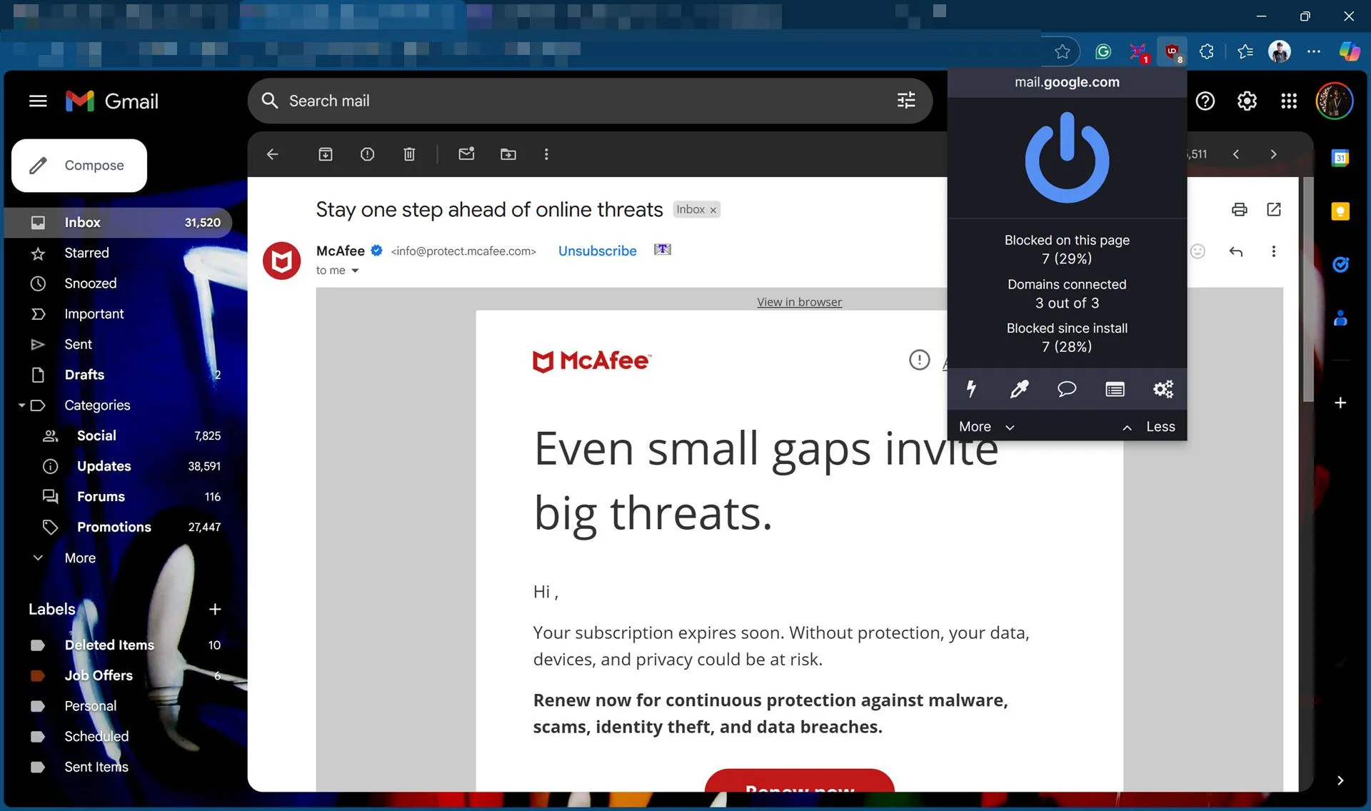 uBlock Origin với cài đặt chặn theo dõi email được kích hoạt hiển thị trong giao diện webmail