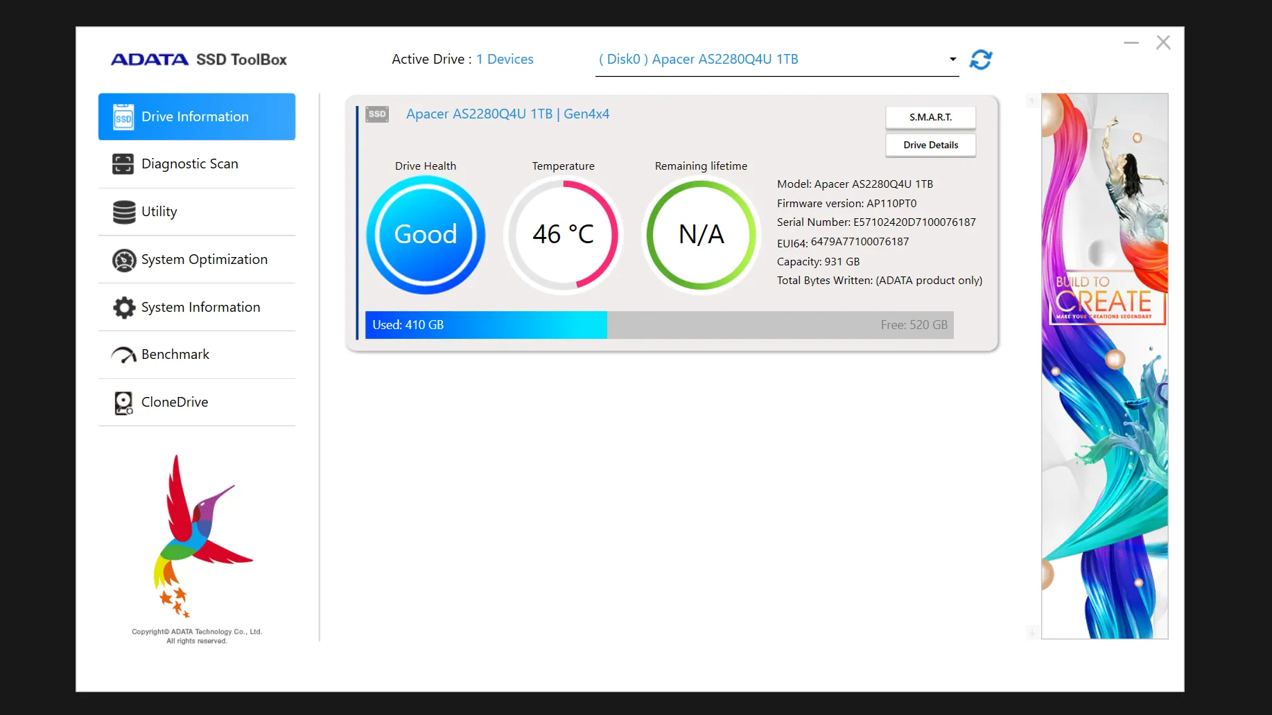 Ứng dụng ADATA SSD Toolbox hiển thị trạng thái sức khỏe của ổ cứng SSD NVMe