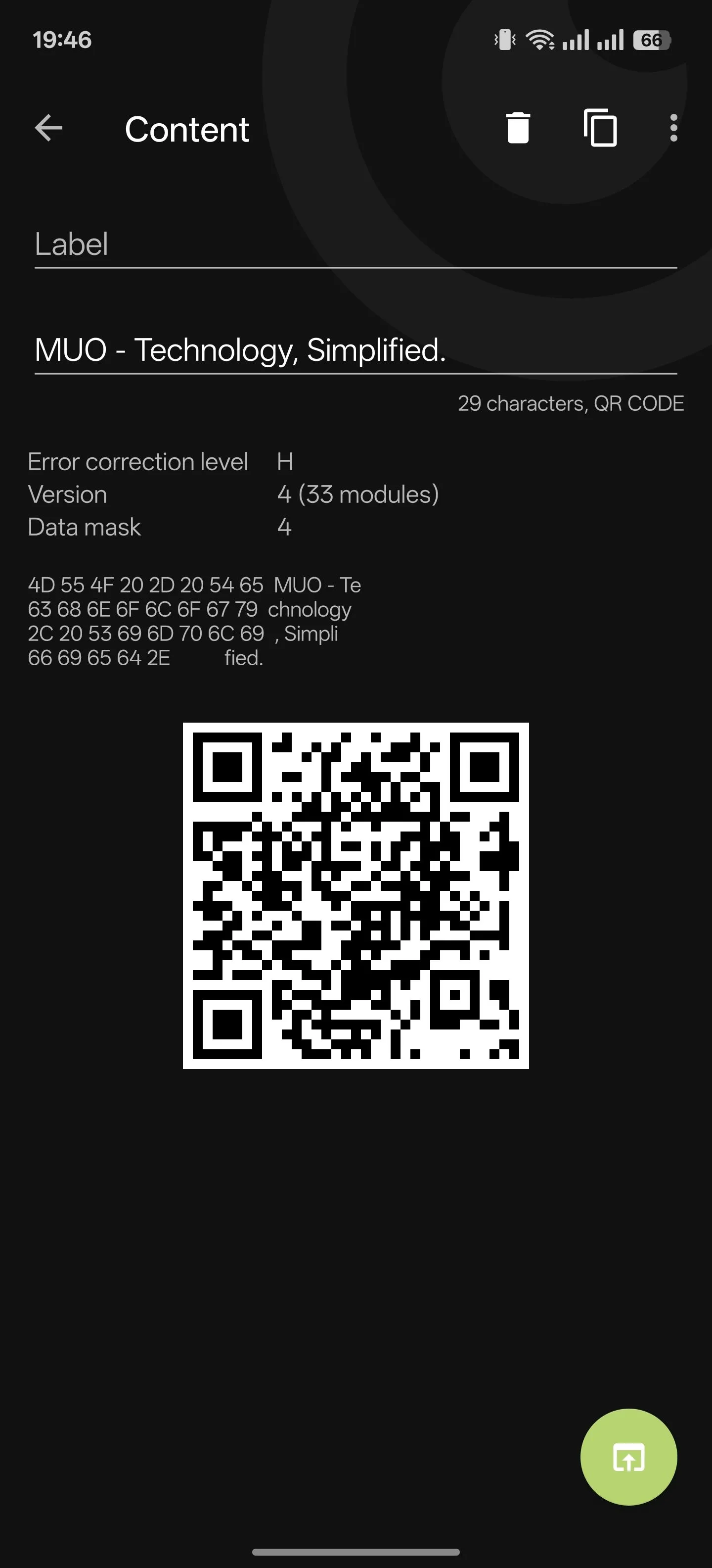 Ứng dụng BinaryEye hiển thị nội dung của mã QR đã quét trên màn hình điện thoại Android.
