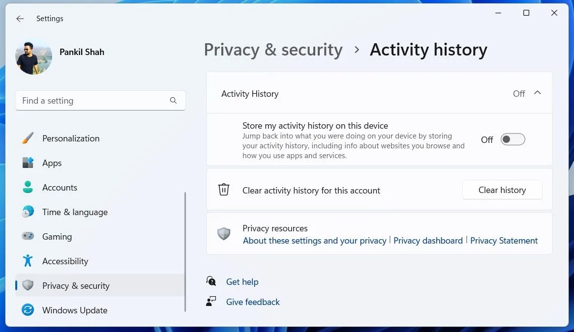Ứng dụng Cài đặt Windows 11 hiển thị menu Lịch sử hoạt động để quản lý dữ liệu
