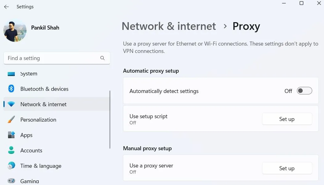 Ứng dụng Cài đặt Windows 11 hiển thị tùy chọn cài đặt proxy tự động đã tắt