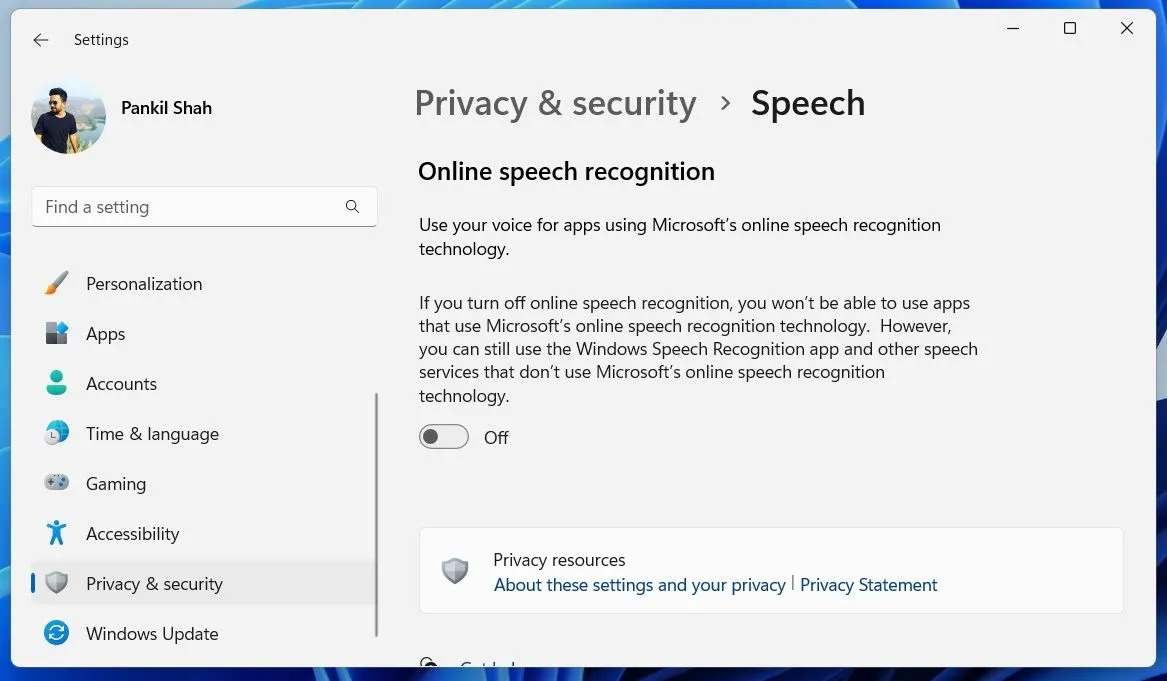 Ứng dụng Cài đặt Windows 11 hiển thị tùy chọn nhận dạng giọng nói trực tuyến