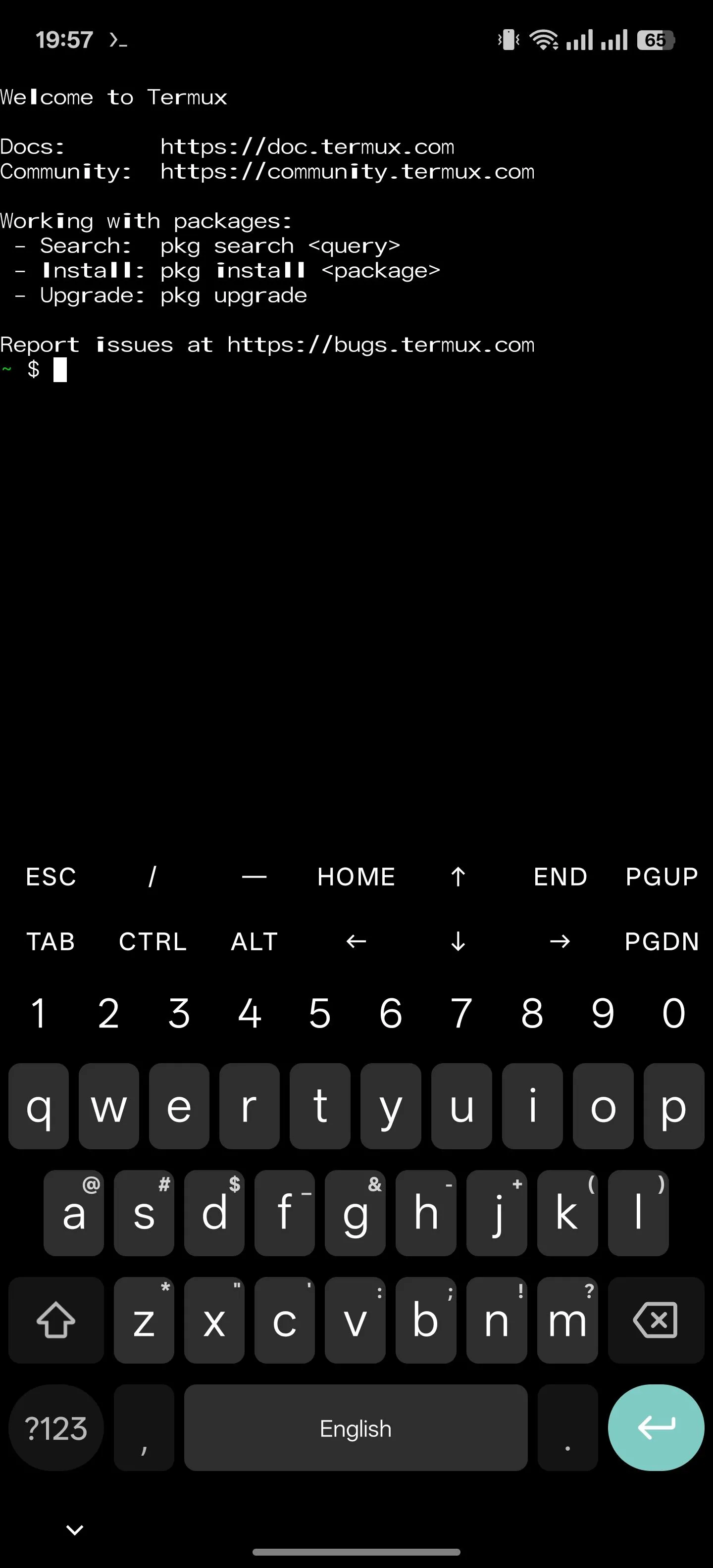 Ứng dụng giả lập Terminal Termux đang chạy trên màn hình điện thoại Android.