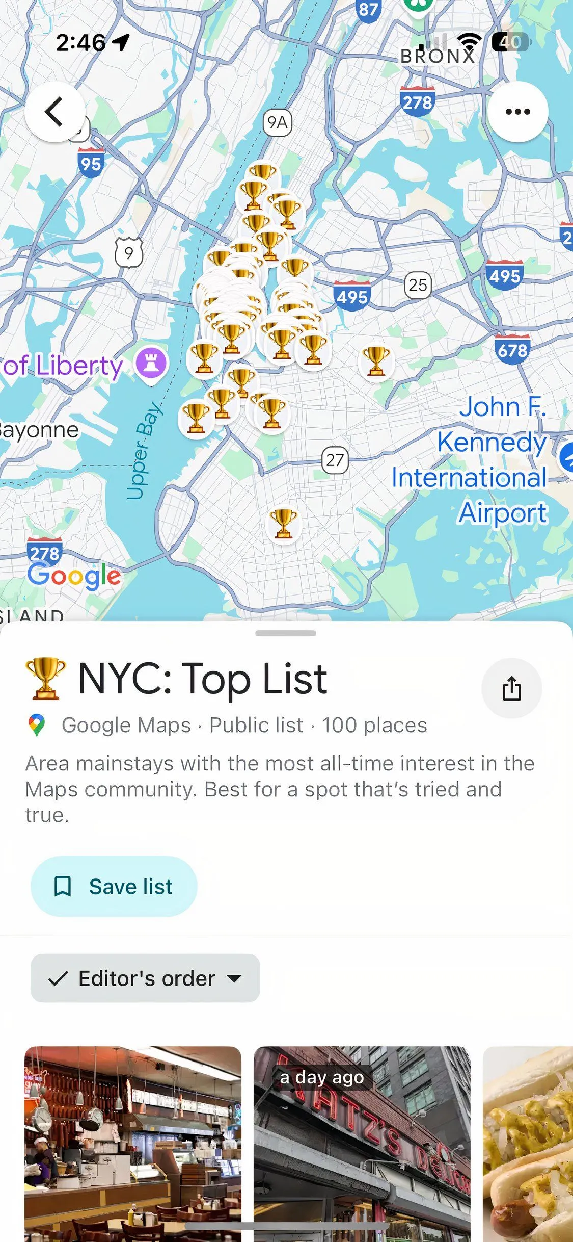 Ứng dụng Google Maps hiển thị danh sách địa điểm nổi bật tại NYC