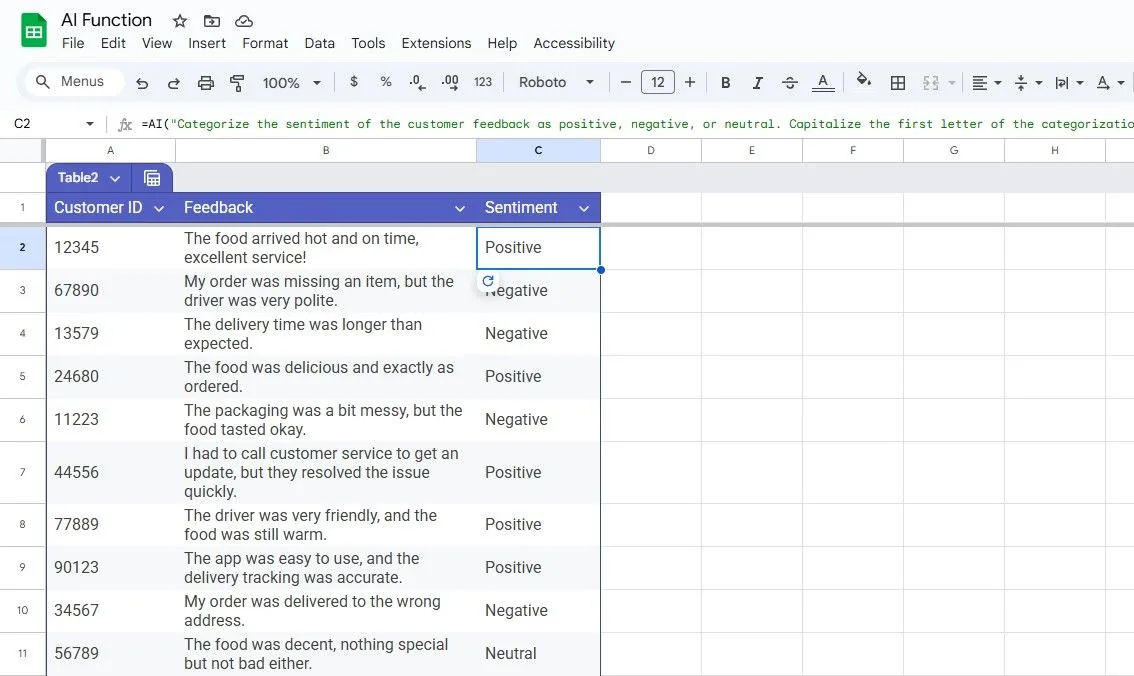 Ứng dụng hàm AI để phân tích cảm xúc của phản hồi khách hàng trong Google Sheets
