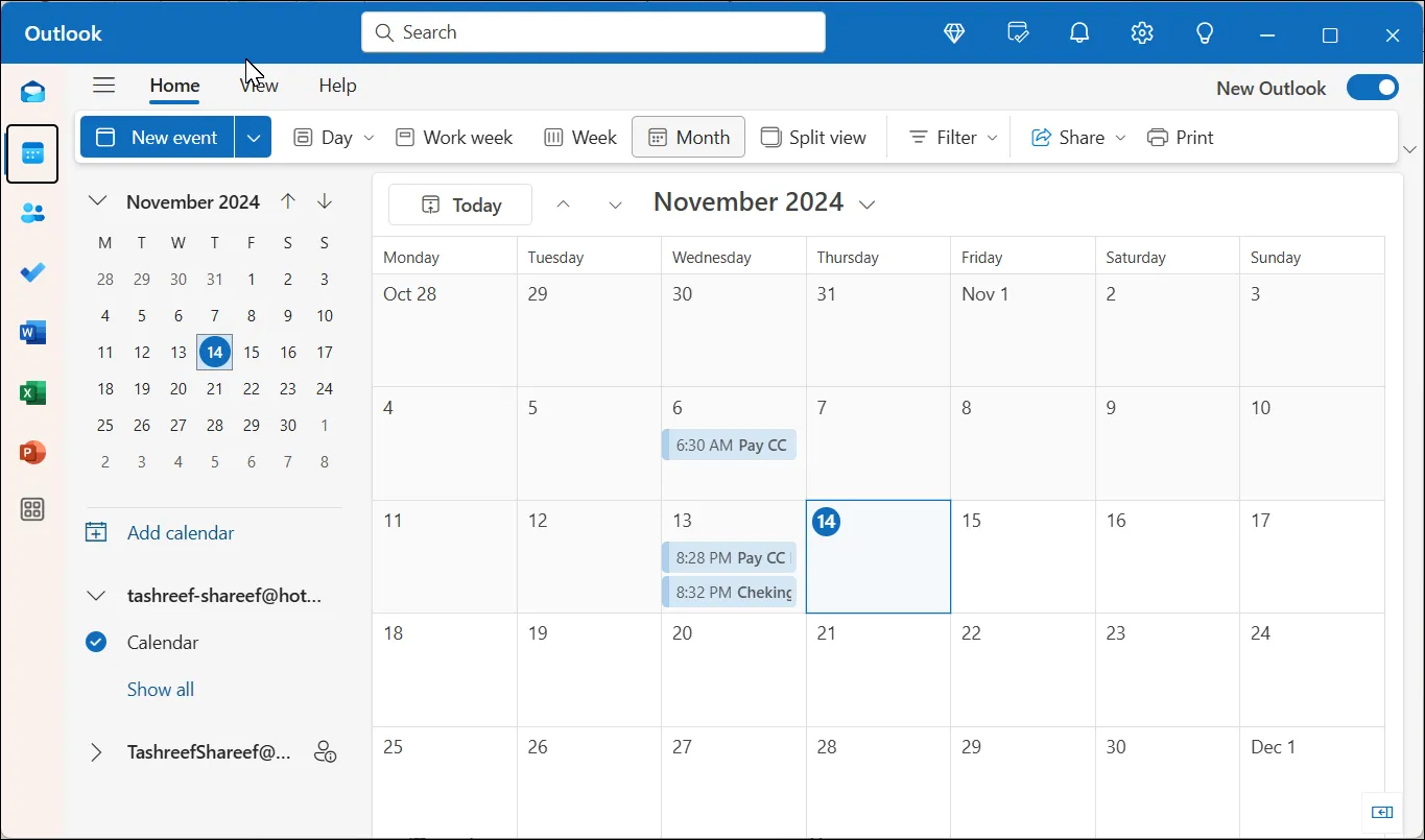 Ứng dụng Lịch trong Outlook trên Windows 11 đang mở và hiển thị các cuộc hẹn
