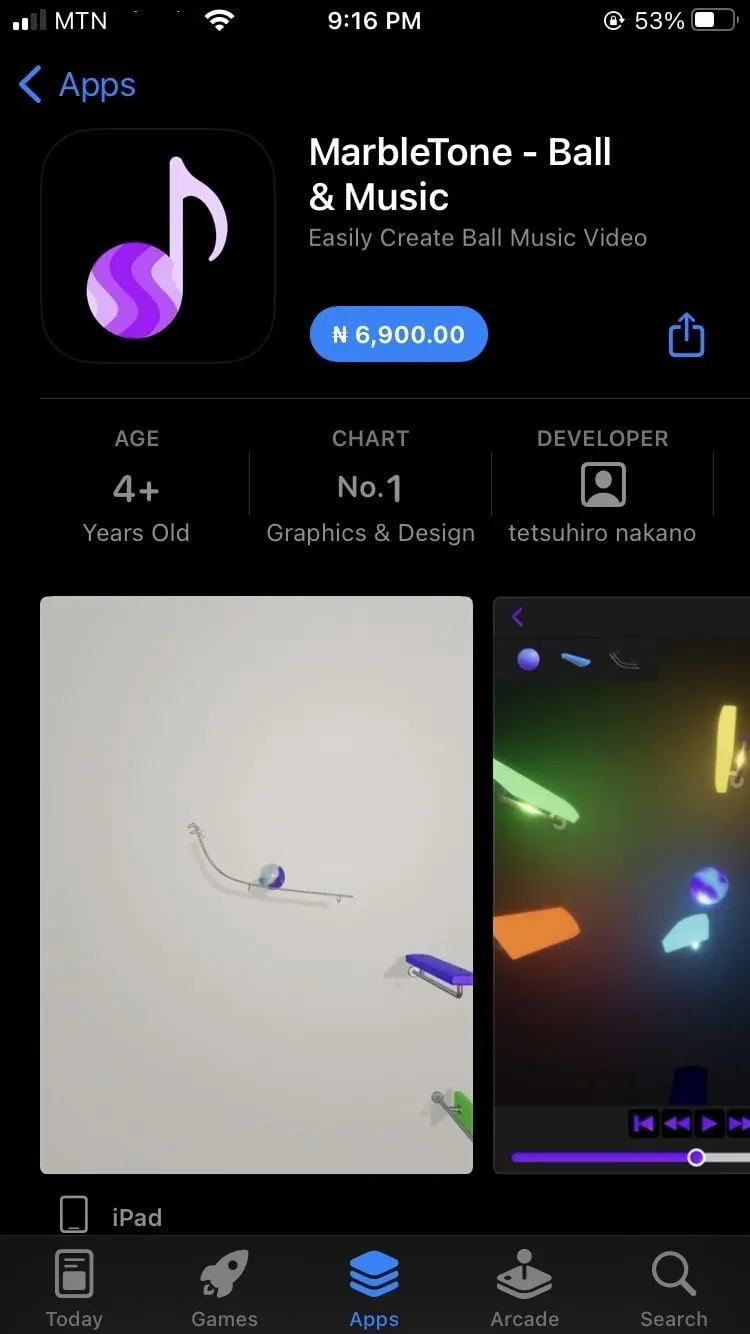 Ứng dụng MarbleTone trên App Store iOS, minh họa quá trình tải ứng dụng.