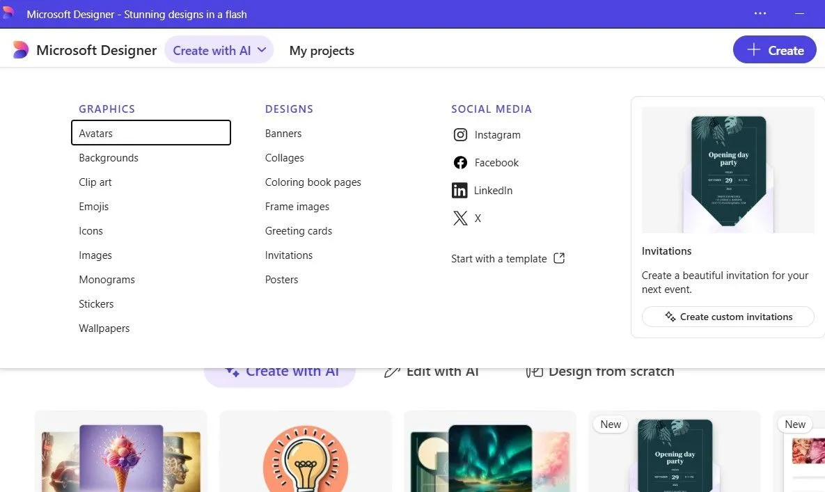 Ứng dụng Microsoft Designer với tùy chọn 'Create with AI' để tạo thiết kế bằng trí tuệ nhân tạo.