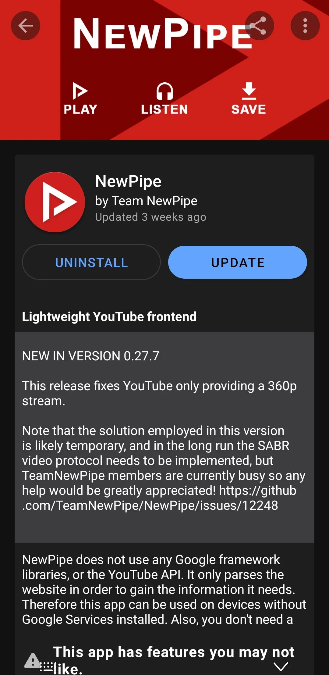 Ứng dụng NewPipe đang hiển thị trên giao diện F-Droid trên điện thoại Android