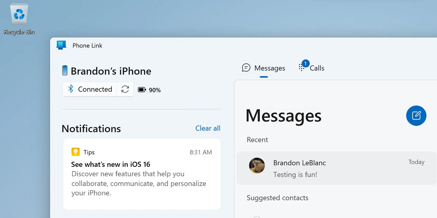 Ứng dụng Phone Link trên Windows 11 hiển thị kết nối với iPhone, cho phép quản lý cuộc gọi và tin nhắn.