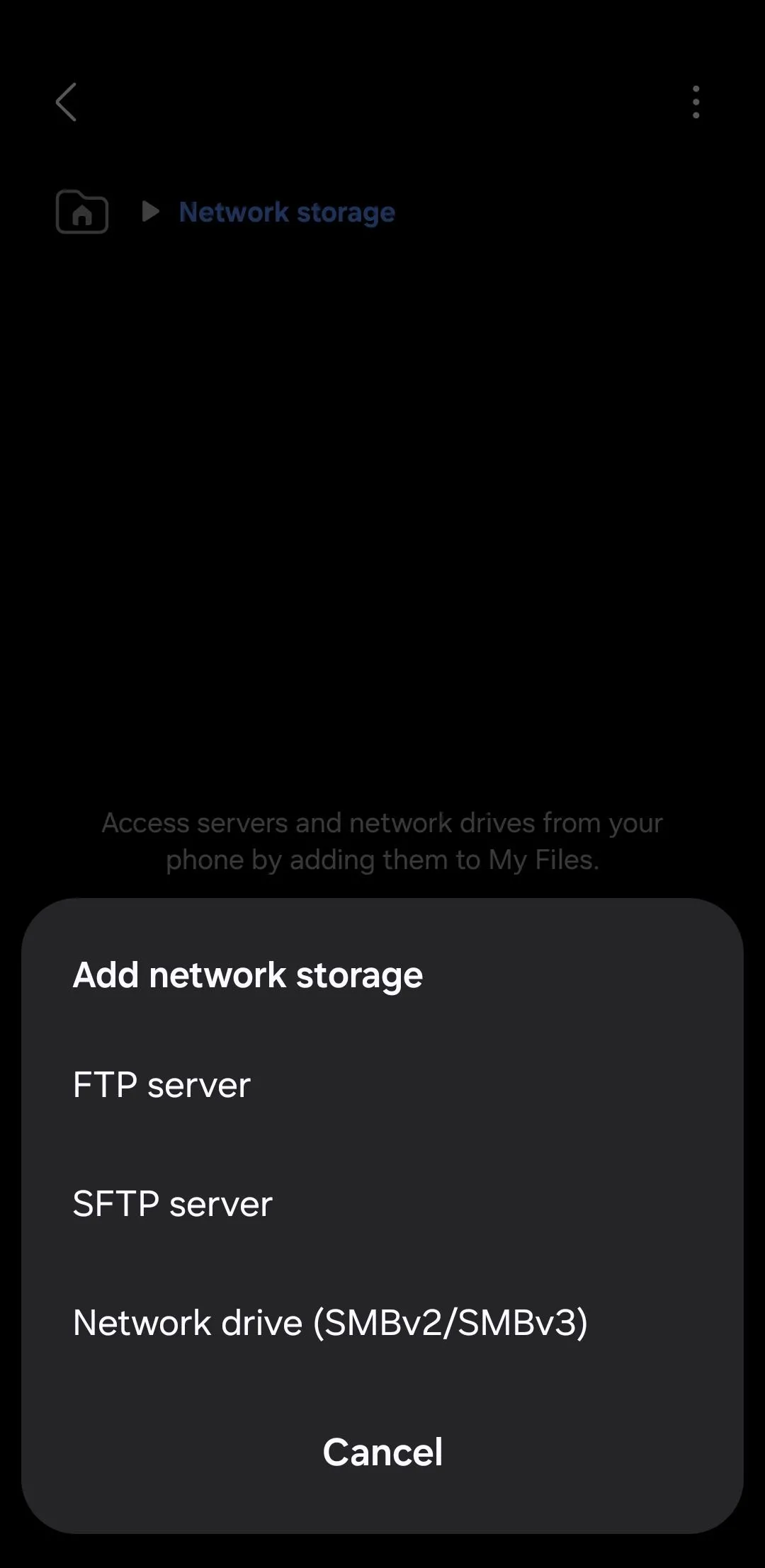 Ứng dụng Samsung Files hiển thị tùy chọn thêm bộ nhớ mạng (network storage)