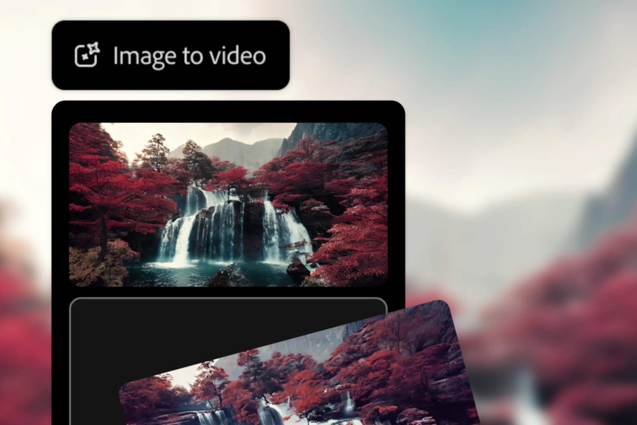 Ví dụ AI Image-to-Video của Adobe Firefly biến ảnh thác nước Nhật Bản thành đoạn phim chuyển động.