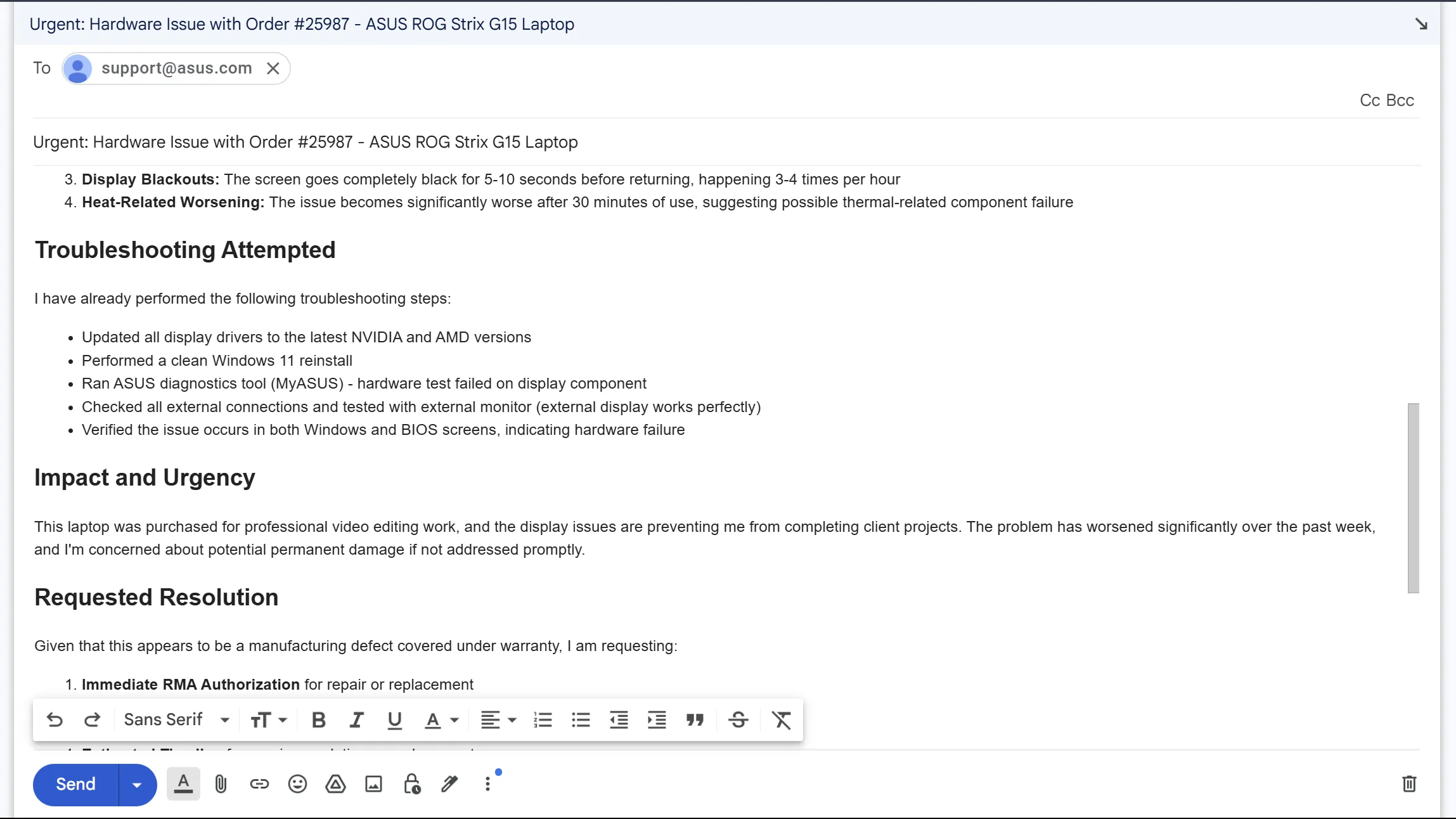 Ví dụ bản nháp email gửi bộ phận hỗ trợ ASUS về sự cố kỹ thuật của laptop.