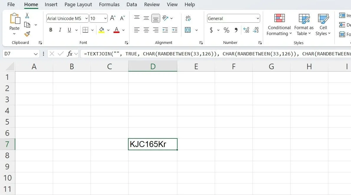 Ví dụ bảng tính Excel hiển thị công thức và kết quả mật khẩu ngẫu nhiên được tạo tự động