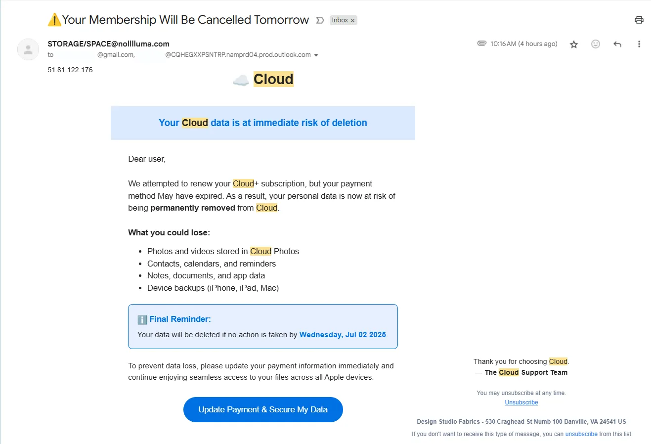 Ví dụ email lừa đảo giả mạo dịch vụ lưu trữ đám mây