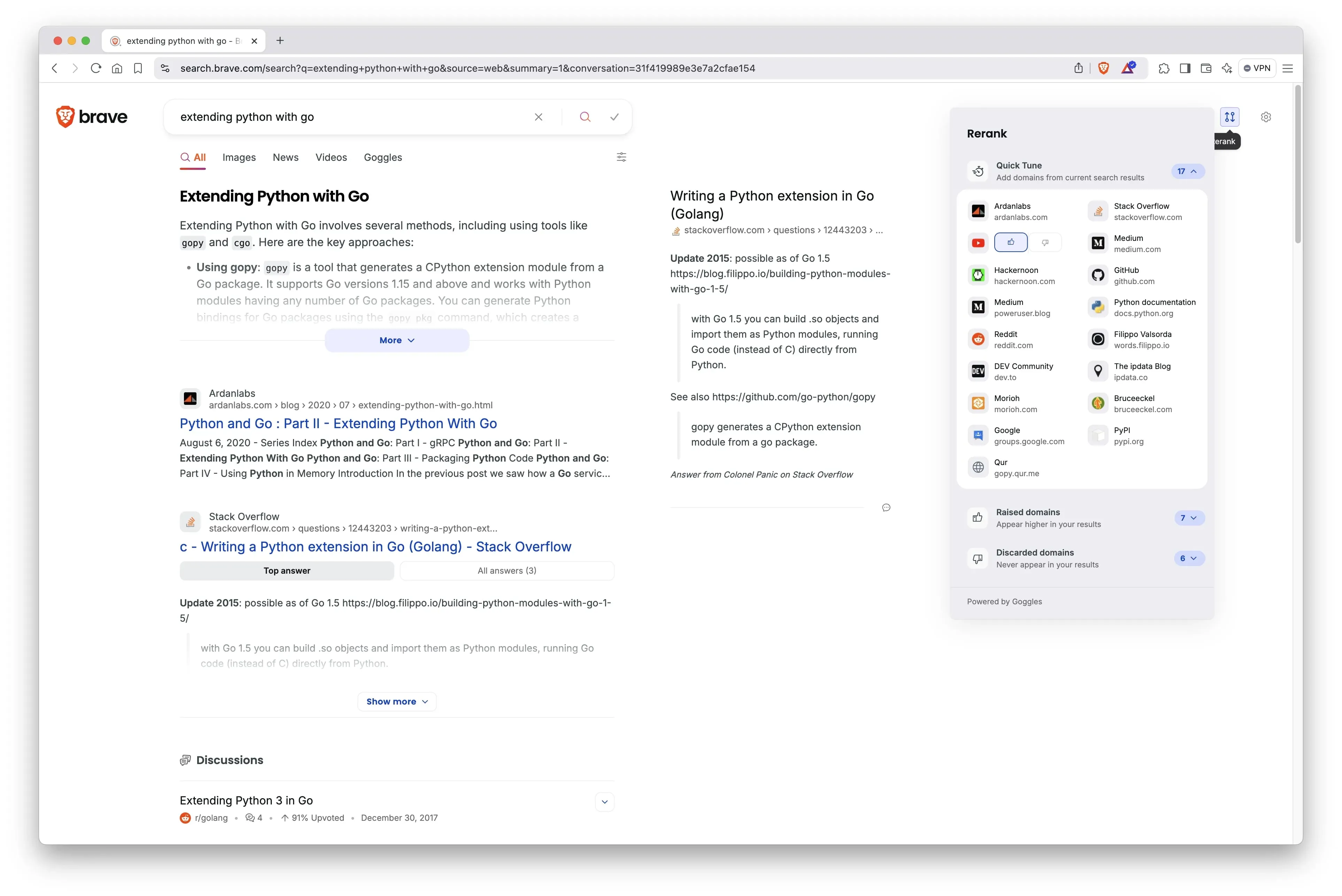 Ví dụ giao diện Brave Search Rerank cho phép người dùng đánh giá và cá nhân hóa kết quả tìm kiếm.