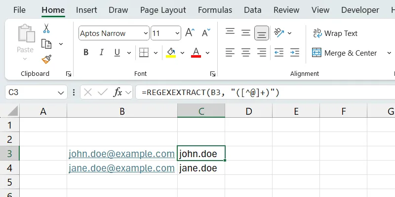 Ví dụ hàm REGEXEXTRACT trong Excel để trích xuất tên người dùng từ địa chỉ email.