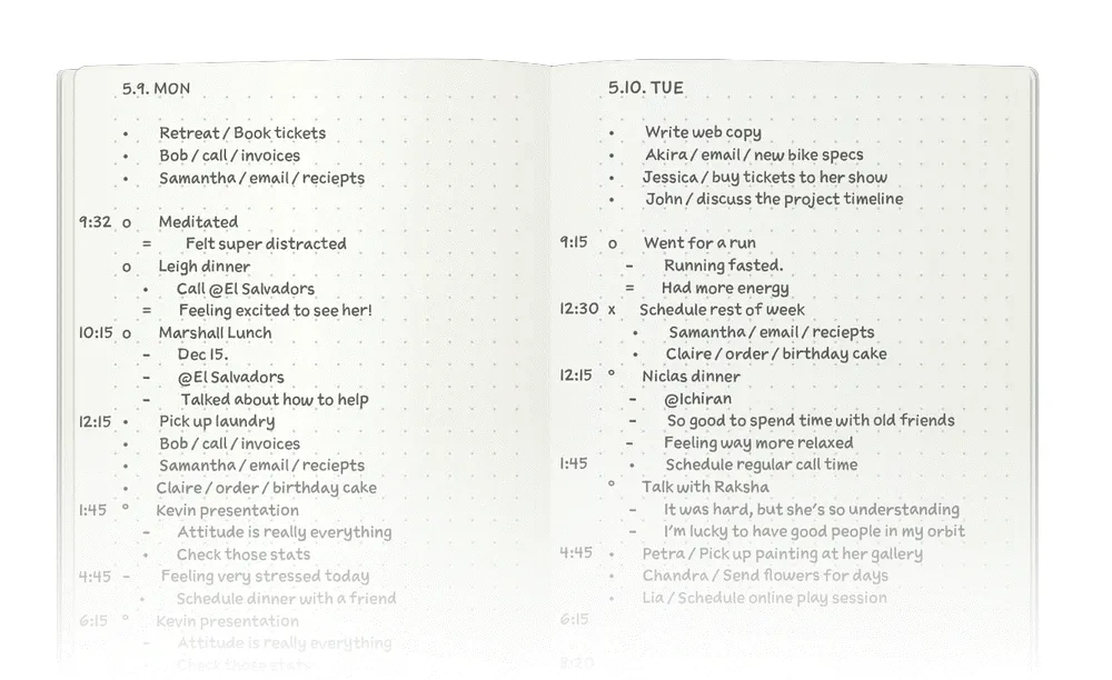 Ví dụ minh họa một trang Bullet Journal với các ký hiệu ghi nhanh và danh mục công việc.