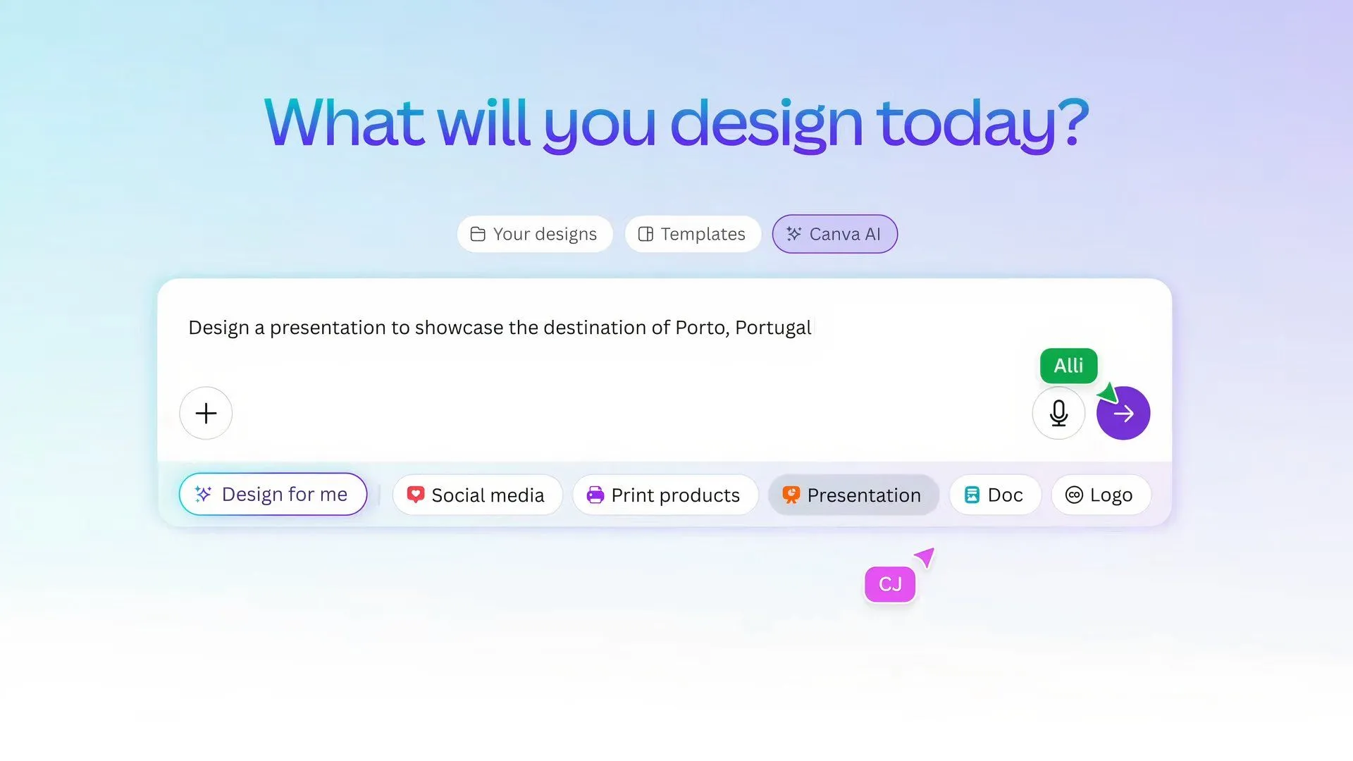 Ví dụ minh họa tính năng Design for Me của Canva AI đang tạo thiết kế