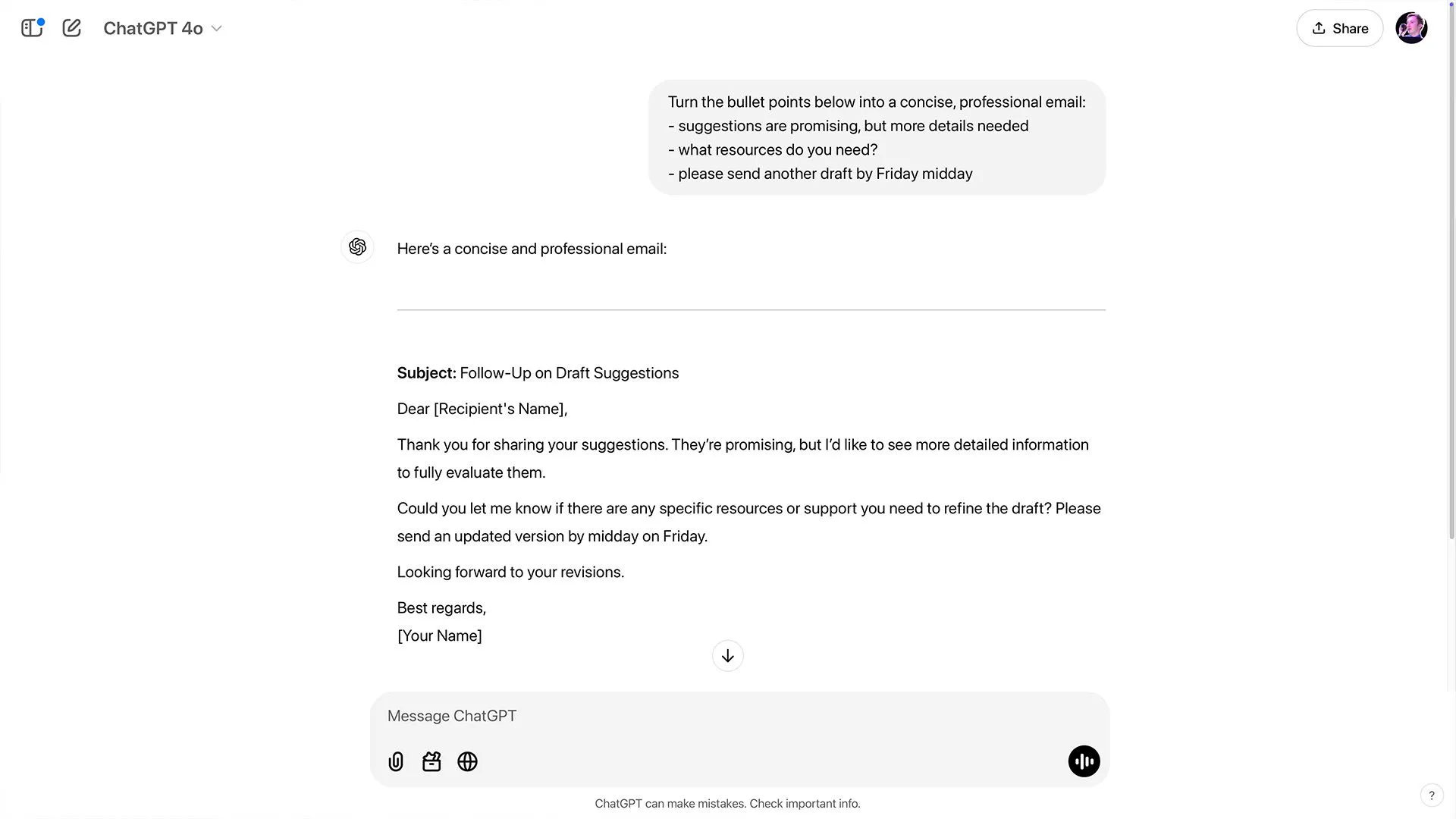 Ví dụ sử dụng ChatGPT để chuyển đổi các gạch đầu dòng thành một email hoàn chỉnh, minh họa khả năng hỗ trợ soạn thảo.